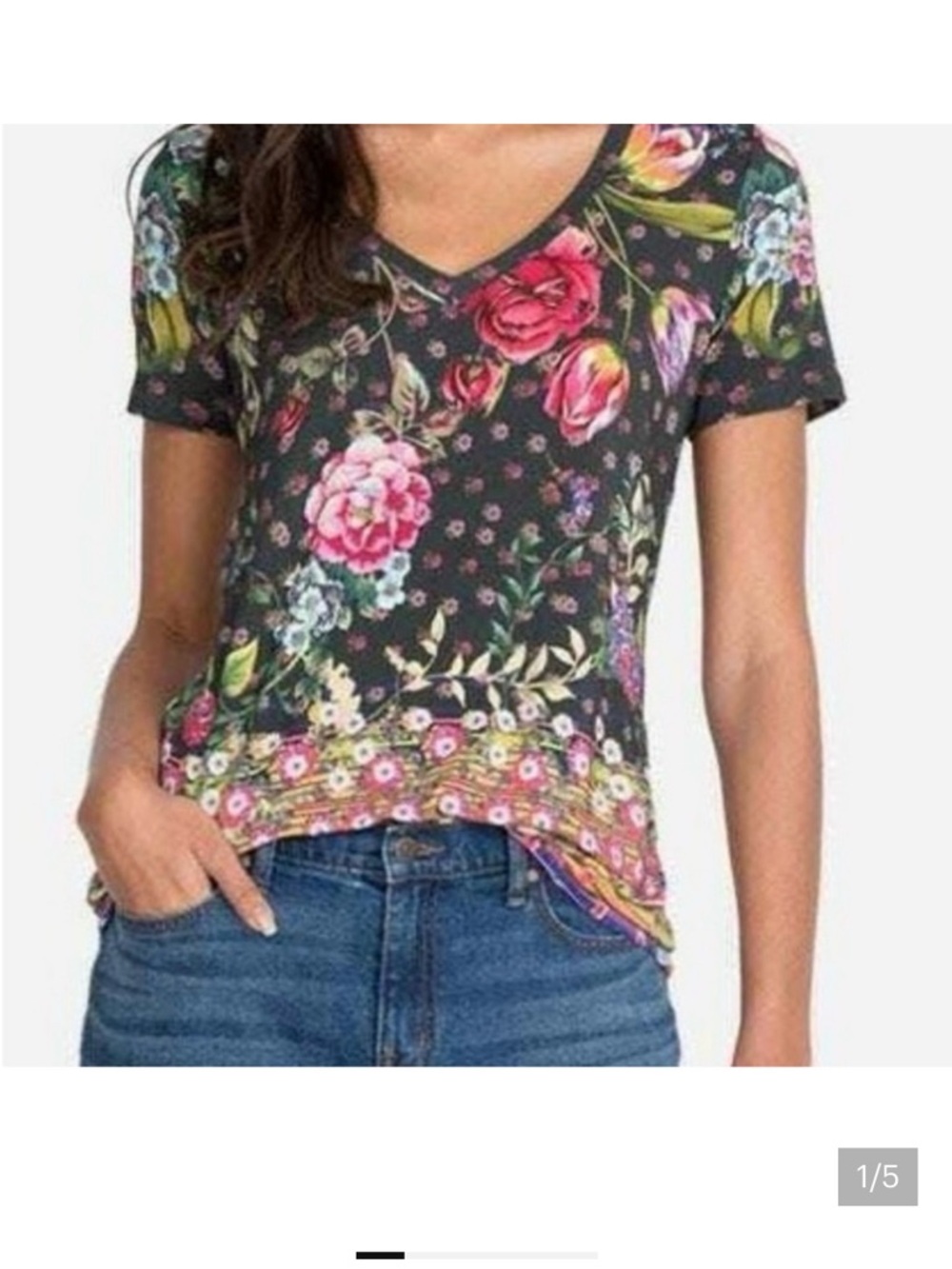 Johnny Was  Floral  Favorite Long Sleeve V-Neck Tee Top Bamboo